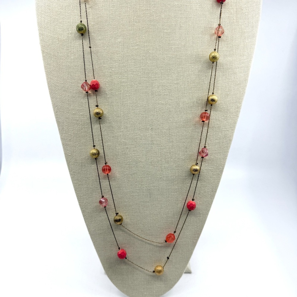 Long Multi-Strand Beaded Necklace Pink Gold-Tone Festive Layered Boho Jewelry